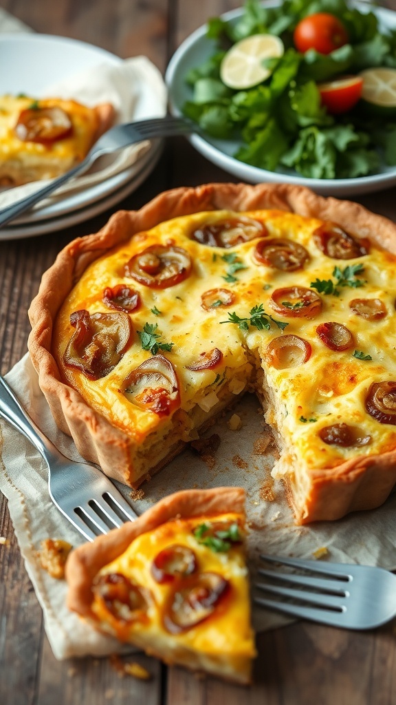 A golden caramelized onion quiche in a flaky crust, garnished with herbs, served on a wooden table.